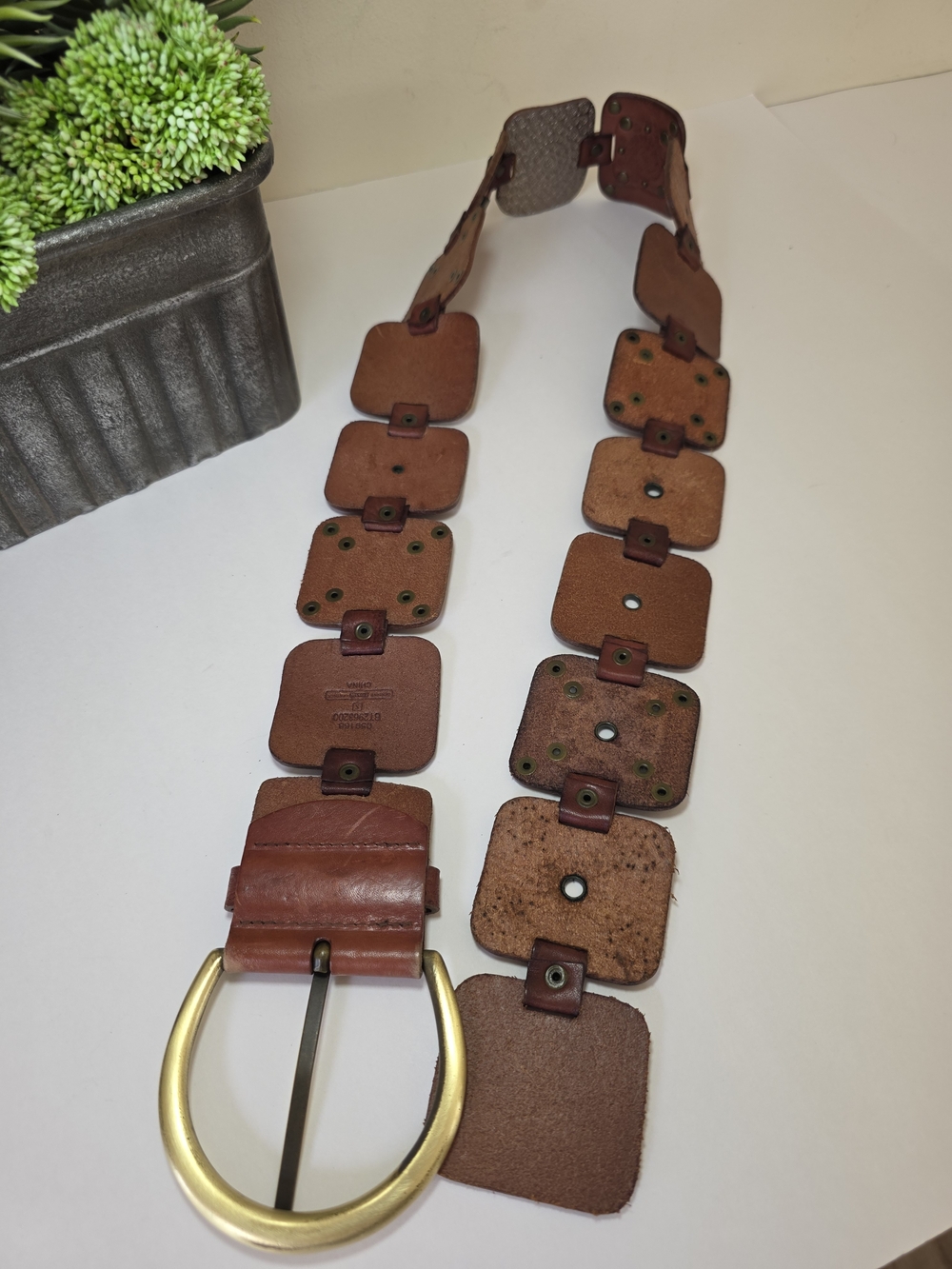 Vintage Fossil Genuine Leather Wide Patchwork Embellished Belt Brass Buckle - Picture 6 of 10